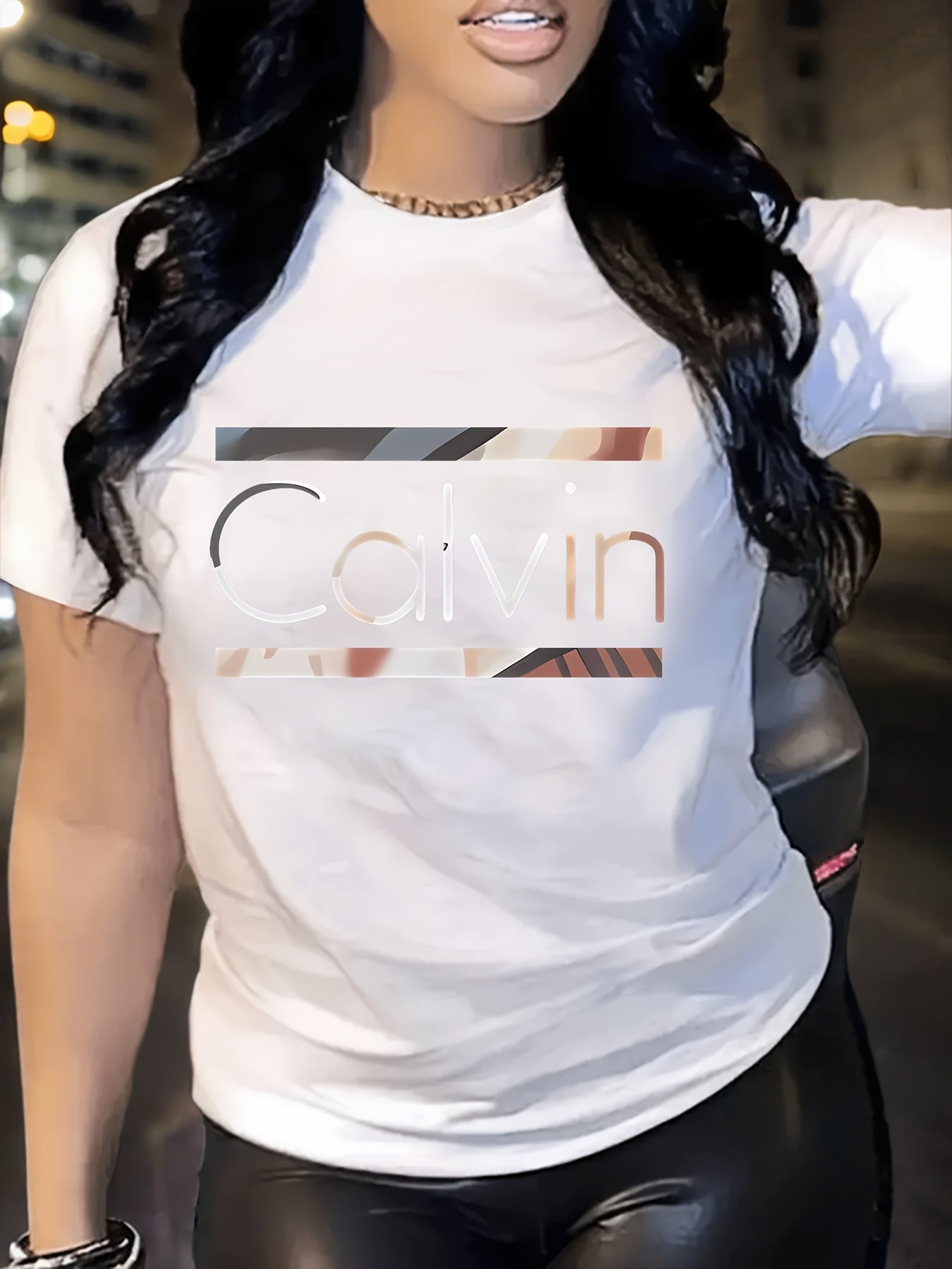 1pc Calvin Women's Graphic Tee - Soft Polyester Spandex Blend, Casual Crew Neck Short Sleeve Top in Black with Stylish Letter Print, Comfortable Casual Attire, Everyday Apparel | Trendy Casual Style | Stretchable Top